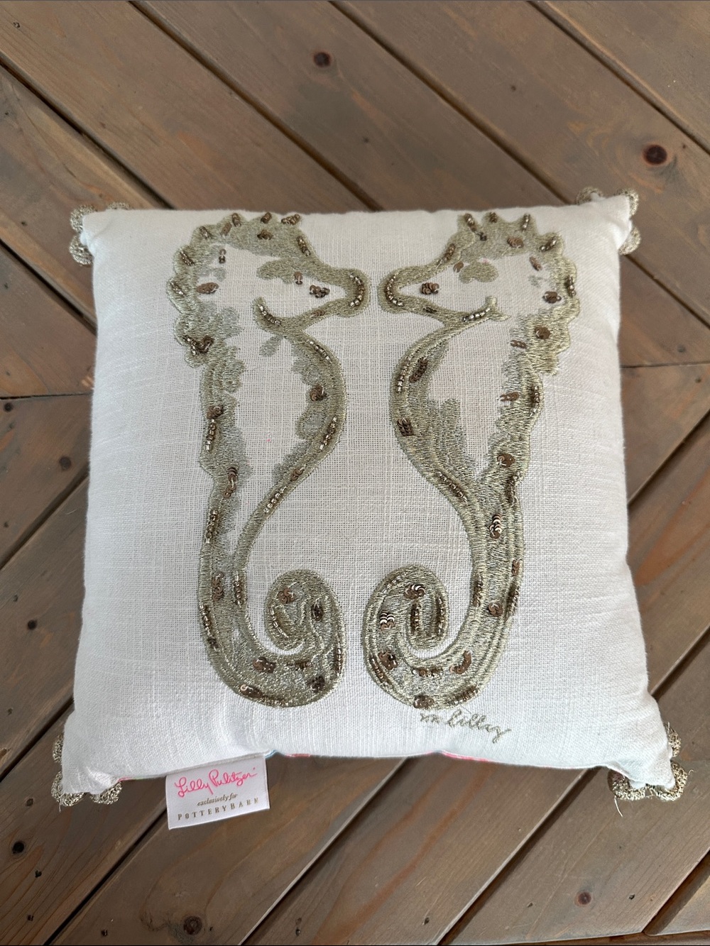 Lilly Pulitzer for Pottery Barn White Pillow with Gold Seahorse Embroidery